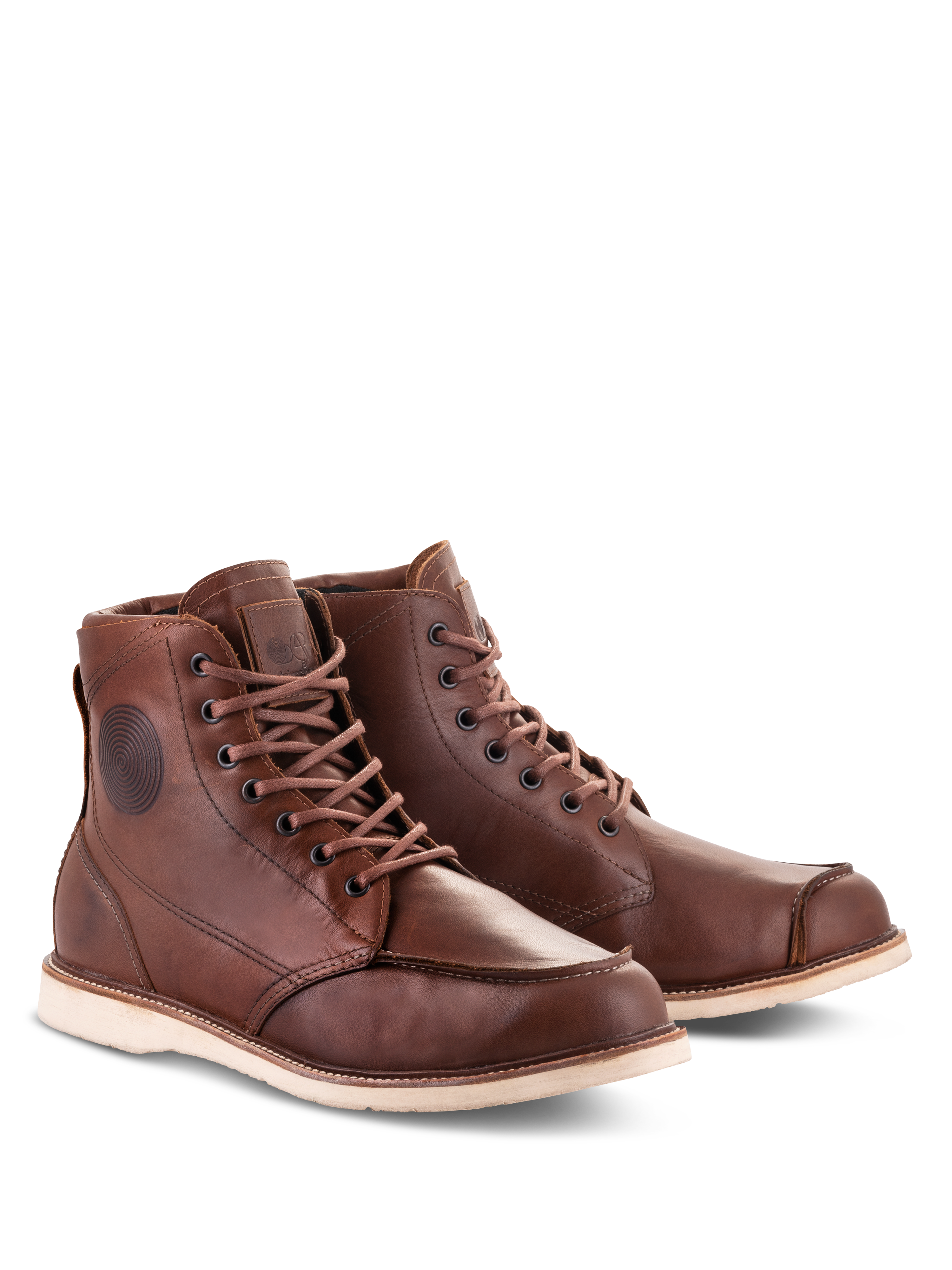 Alpinestars Oscar Monty V2 Shoes, Brown leather motorcycle boots, heritage-inspired moc toe design with off-white wedge outsole, durable bovine leather construction for urban and road riding