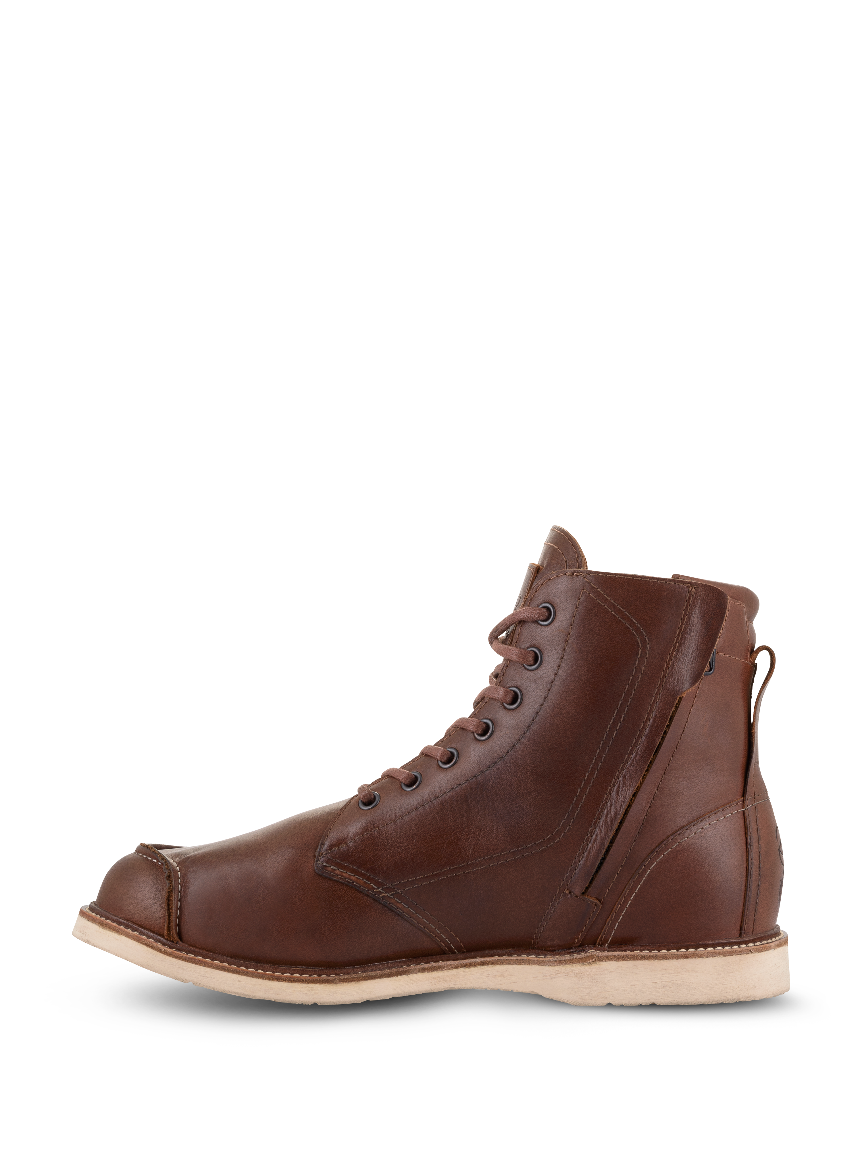 Alpinestars Oscar Monty V2 Shoes, Brown leather motorcycle riding shoes, medial side view featuring a side zipper and laces, moc toe design with a light-colored wedge outsole, heritage-inspired protective footwear