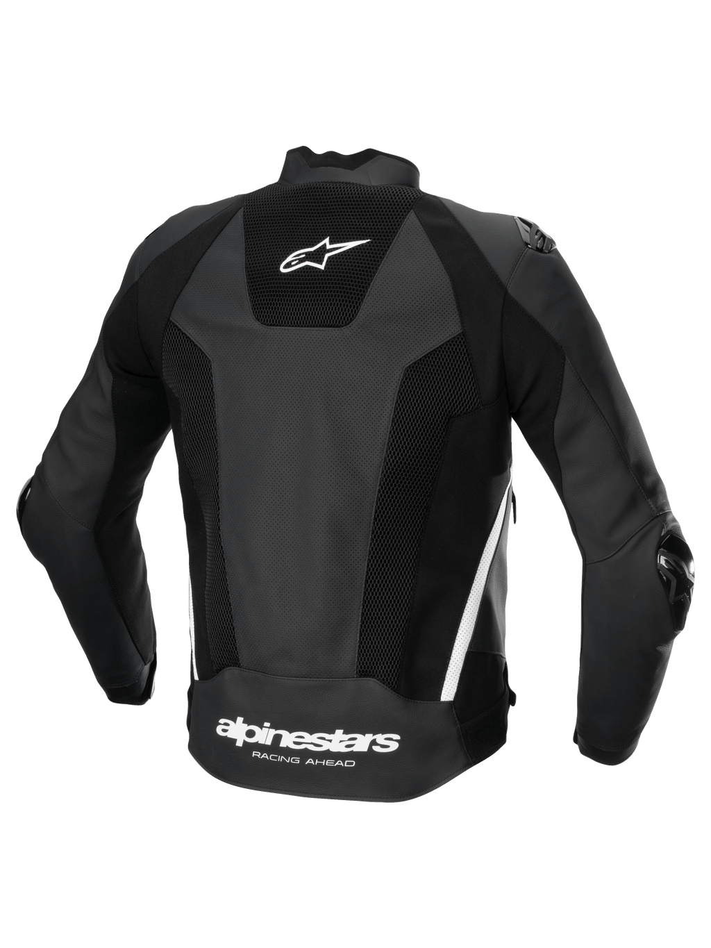 Alpinestars Missile V3 Airflow Leather Jacket, men's motorcycle racing jacket, back view, black and white, premium perforated leather with stretch panels and rear logo branding