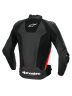 Alpinestars Missile V3 Airflow Leather Jacket, Men's Racing and Sport Motorcycle Jacket, Back View, Black with White and Red Fluo Accents, Perforated Leather Construction with CE Certified Protection