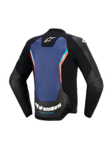 Alpinestars GP Force V2 Leather Jacket, back view, black leather with large blue central panel and fluo red accents, featuring Alpinestars logo and 'RACING AHEAD' branding on the lower back, sport motorcycle riding gear