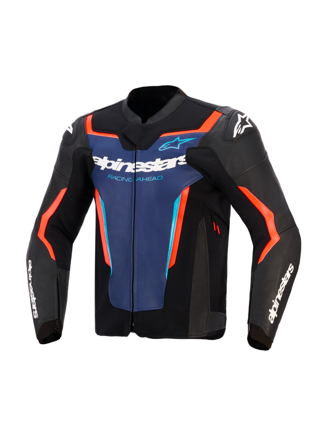 Alpinestars GP Force V2 Leather Jacket, Black Blue and Red Fluo, Front view featuring a blue chest panel with white 'Alpinestars' and 'Racing Ahead' branding, neon orange-red accents, and white logos on the shoulders and sleeves, designed for sport motorcycle riding.