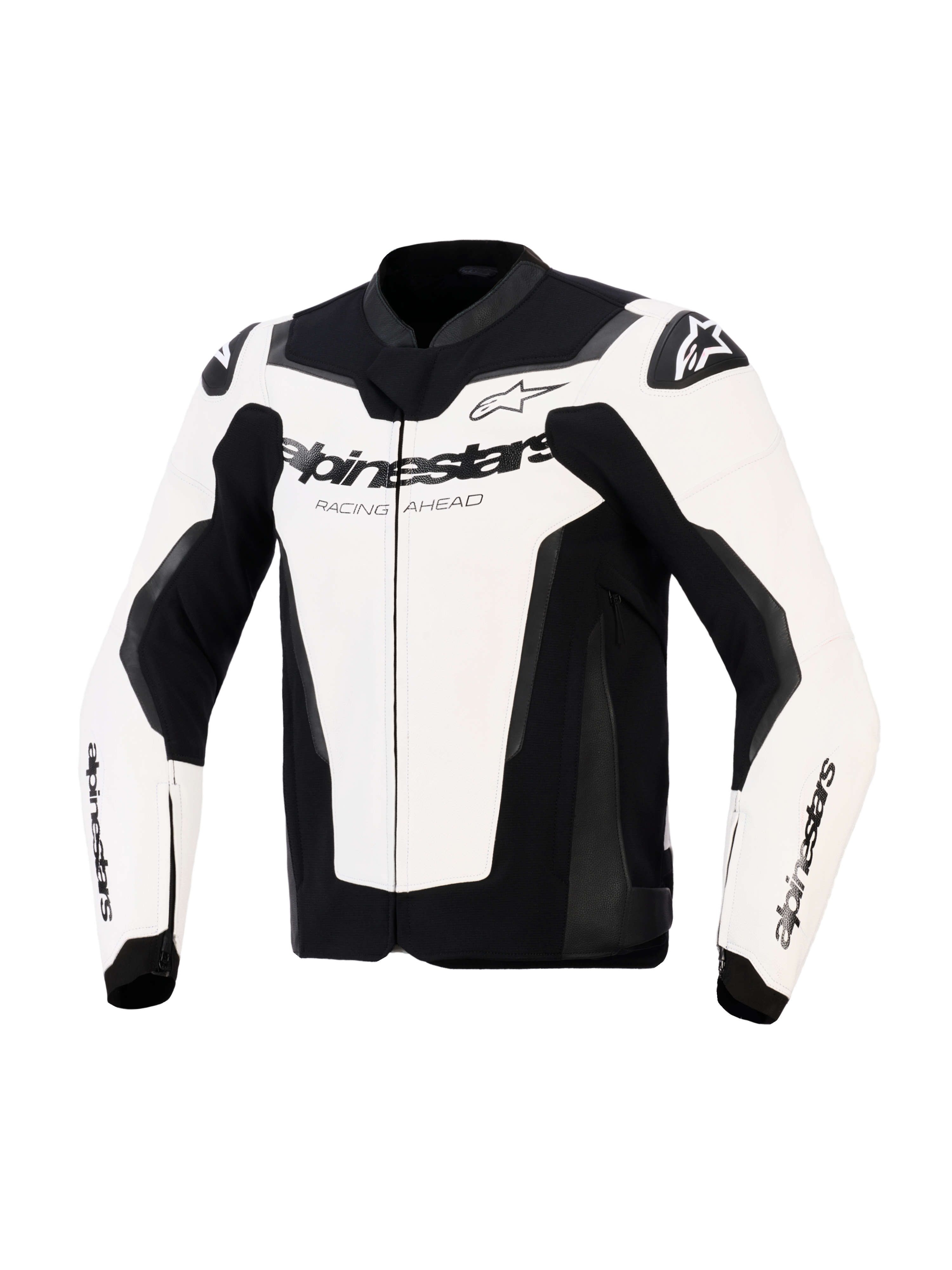 Alpinestars GP Force V2 Leather Jacket, Sport Motorcycle Jacket, White and Black, featuring Alpinestars branding and "Racing Ahead" text on the chest, multi-panel leather construction with padded shoulders and sleek racing profile