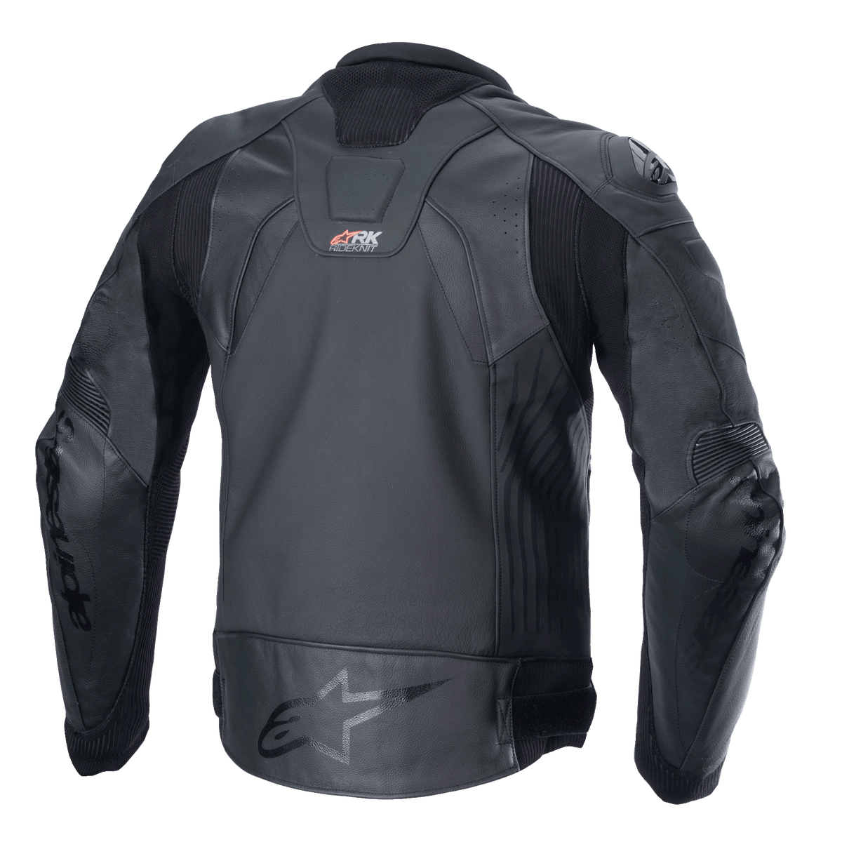 Alpinestars GP Plus R V4 Rideknit Leather Jacket, Black, rear view showing technical leather construction, RIDEKNIT stretch panels, and Alpinestars logo on the lower back.