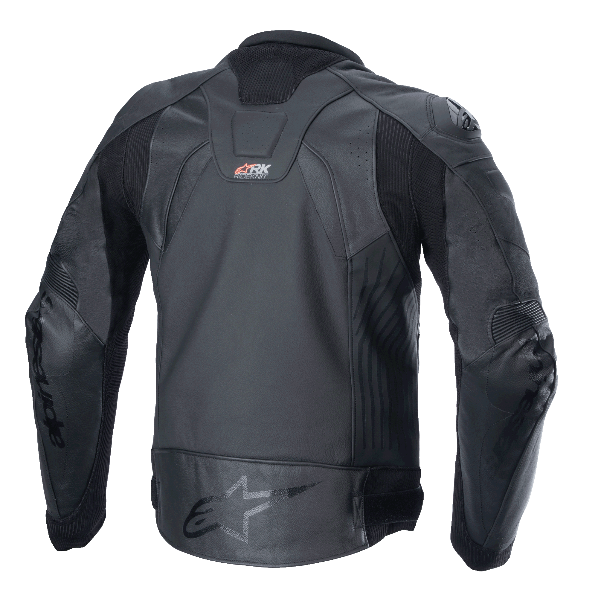 Alpinestars GP Plus R V4 Rideknit Leather Jacket, Black, rear view showing technical leather construction, RIDEKNIT stretch panels, and Alpinestars logo on the lower back.