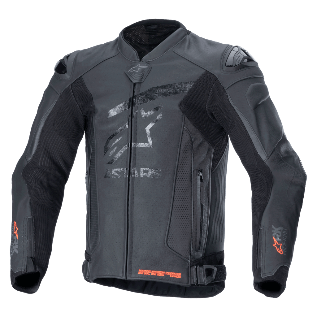 Alpinestars GP Plus R V4 Rideknit Leather Jacket, Black, professional motorcycle racing jacket, tonal star logo on chest, red Rideknit accents on cuffs and bottom hem, perforated ventilation panels, DFS shoulder sliders, premium leather construction with integrated RIDEKNIT technology