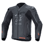 Alpinestars GP Plus R V4 Rideknit Leather Jacket, Black, professional motorcycle racing jacket, tonal star logo on chest, red Rideknit accents on cuffs and bottom hem, perforated ventilation panels, DFS shoulder sliders, premium leather construction with integrated RIDEKNIT technology