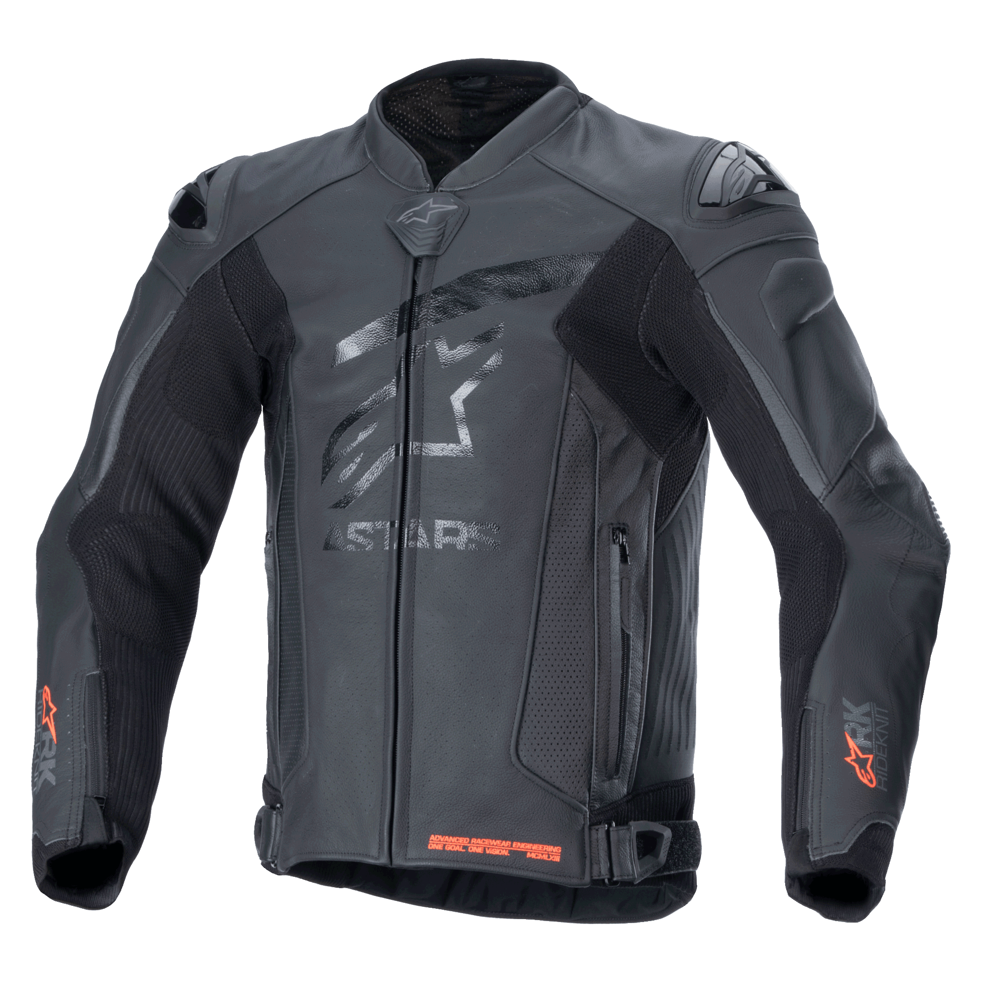 Alpinestars GP Plus R V4 Rideknit Leather Jacket, Black, professional motorcycle racing jacket, tonal star logo on chest, red Rideknit accents on cuffs and bottom hem, perforated ventilation panels, DFS shoulder sliders, premium leather construction with integrated RIDEKNIT technology