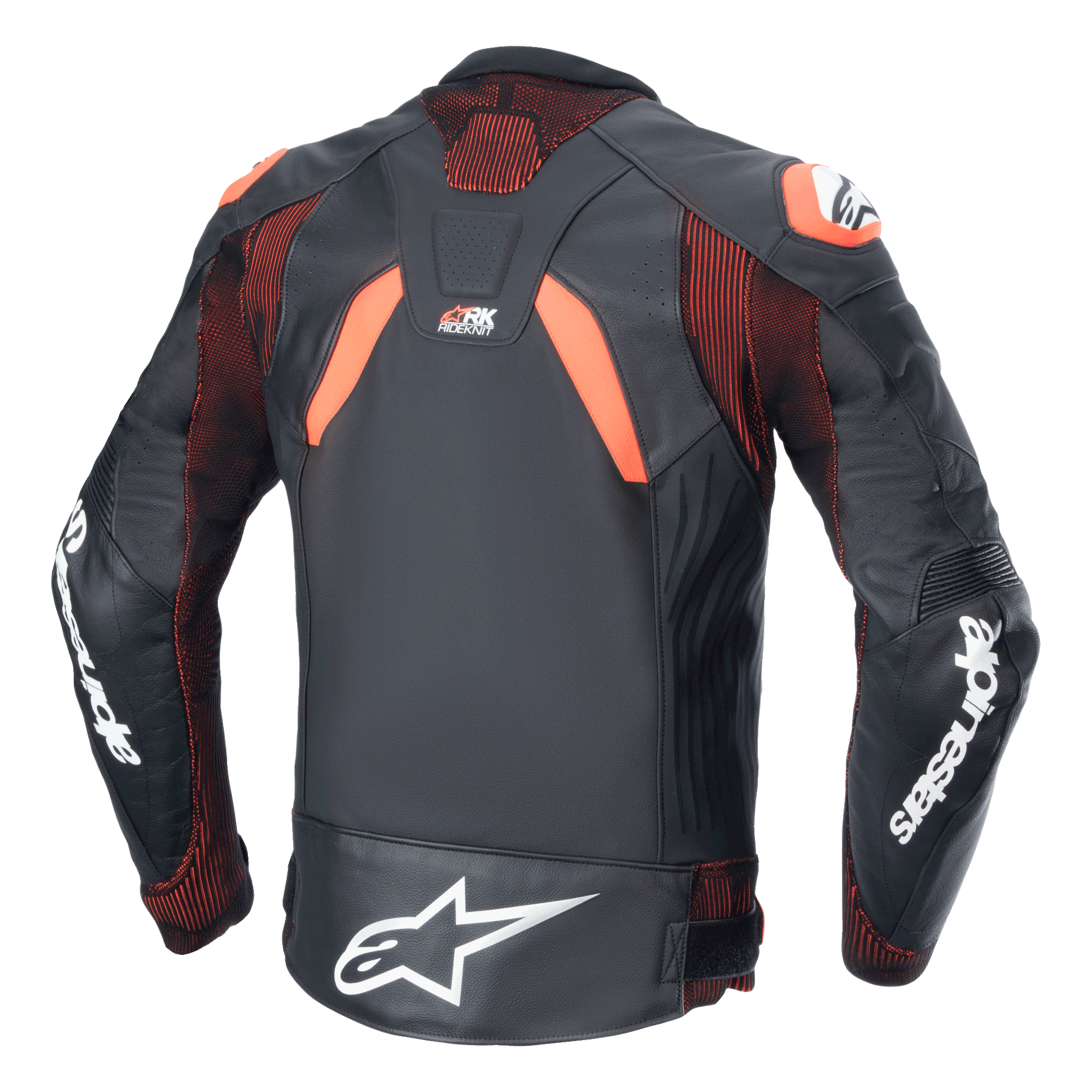 Alpinestars GP Plus R V4 Rideknit Leather Jacket, Black Red Fluo White, back view, featuring RIDEKNIT® technical stretch panels and premium leather construction, white Alpinestars branding on the sleeves and lower back