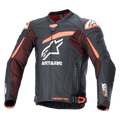 Alpinestars GP Plus R V4 Rideknit Leather Jacket, Black and Orange motorcycle racing jacket with white logos, perforated chest and arms, orange shoulder accents, zippered front with adjustable waist straps, durable sporty design