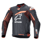 Alpinestars GP Plus R V4 Rideknit Leather Jacket, Black and Orange motorcycle racing jacket with white logos, perforated chest and arms, orange shoulder accents, zippered front with adjustable waist straps, durable sporty design