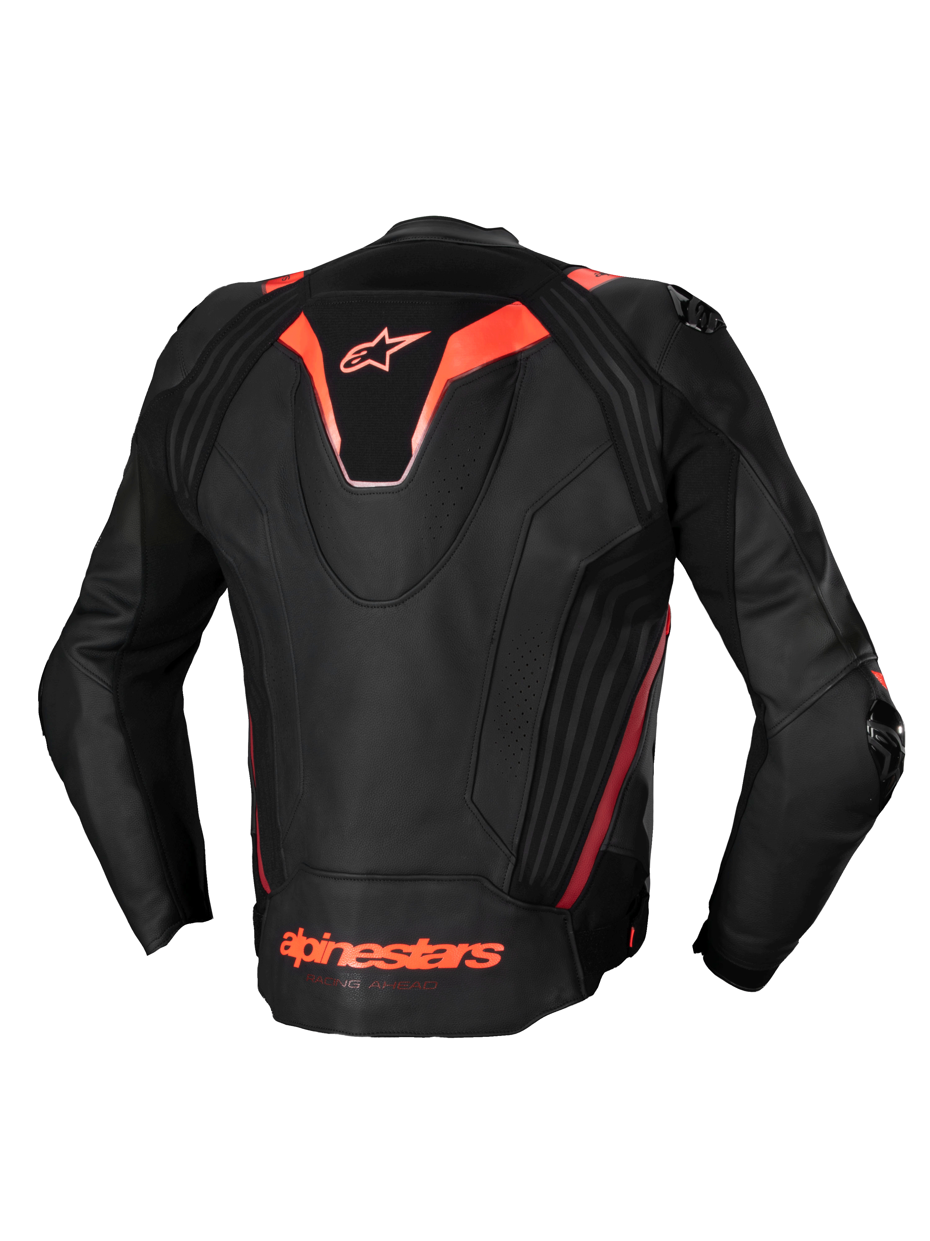 Alpinestars Missile V3 Ignition Leather Jacket, Men's Racing Motorcycle Jacket, Black and Red Fluo, CE Certified, premium bovine leather with sport aero-hump and stretch panels, rear view