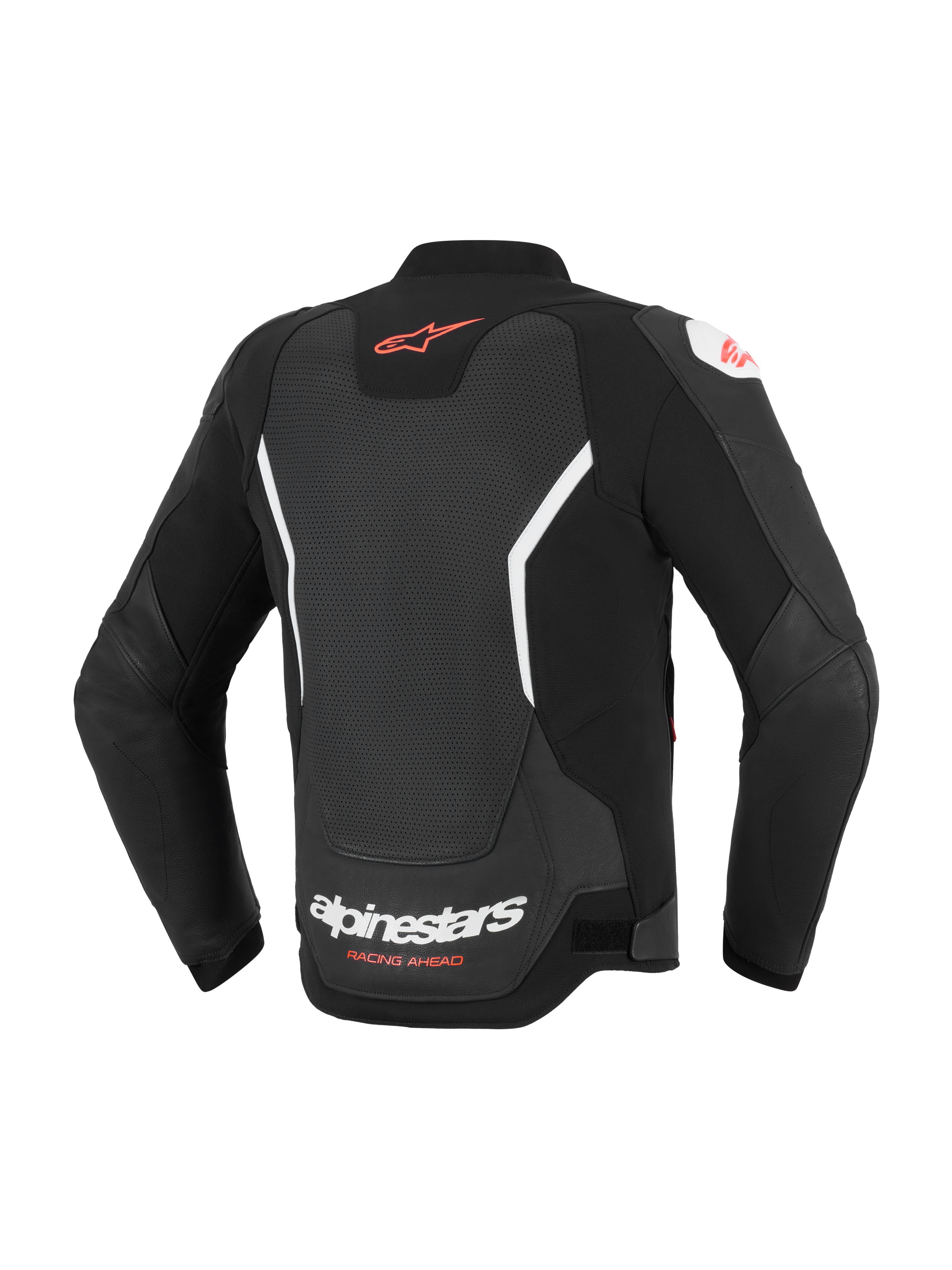 Alpinestars GP Force V2 Air Leather Jacket, Rear View, Black and White, featuring extensive perforated back panel for ventilation, red Alpinestars logo on upper back, white branding on lower back, premium bovine leather construction for sport riding