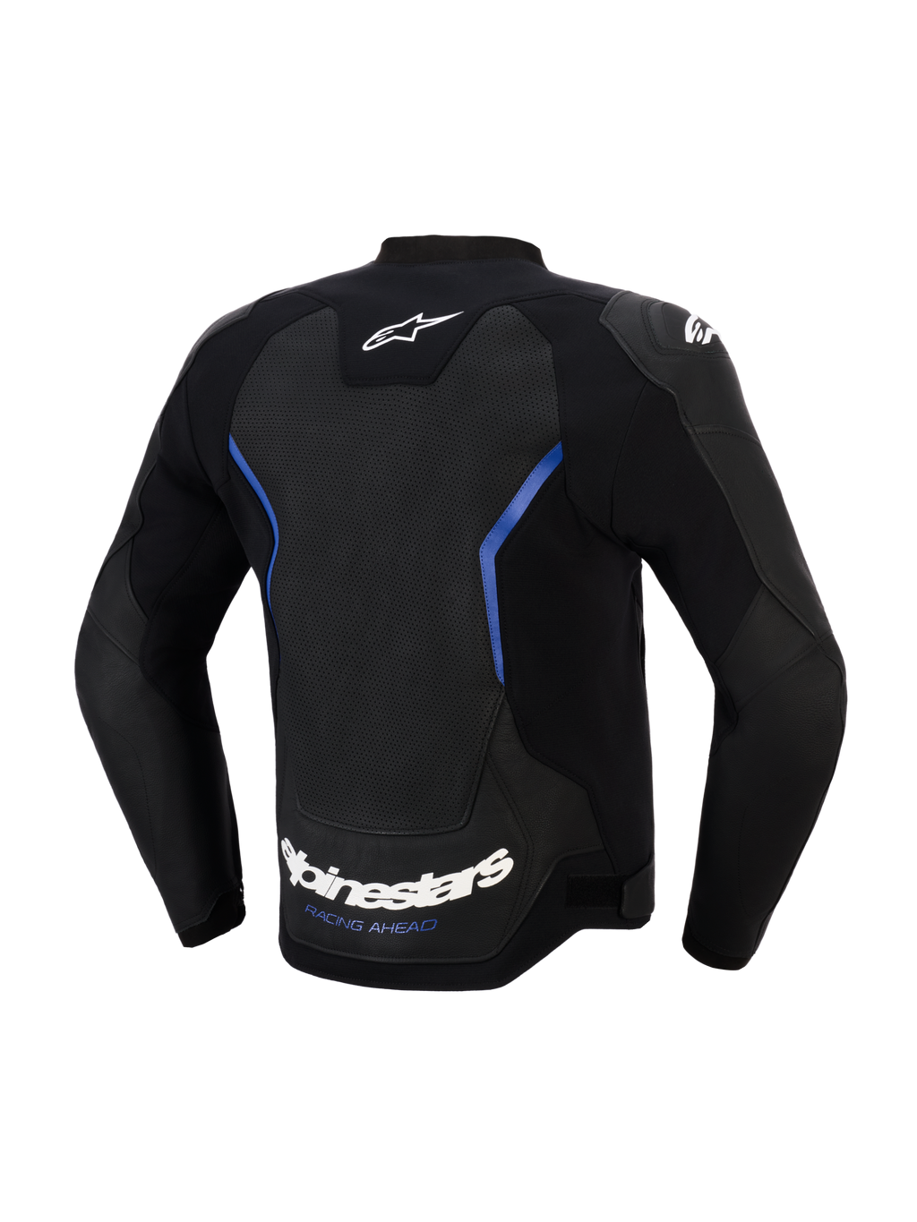 Alpinestars GP Force V2 Airflow Leather Jacket, Back view, Black and Metallic Blue, large perforated leather back panel for ventilation, white Alpinestars wordmark and 'RACING AHEAD' slogan at the lower hem, professional sport riding gear