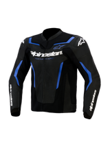 Alpinestars GP Force V2 Airflow Leather Jacket, Black and Metallic Blue, perforated leather panels on chest, white Alpinestars branding with 'Racing Ahead' text, sporty design with blue accents and white star logos on shoulders, professional motorcycle riding gear