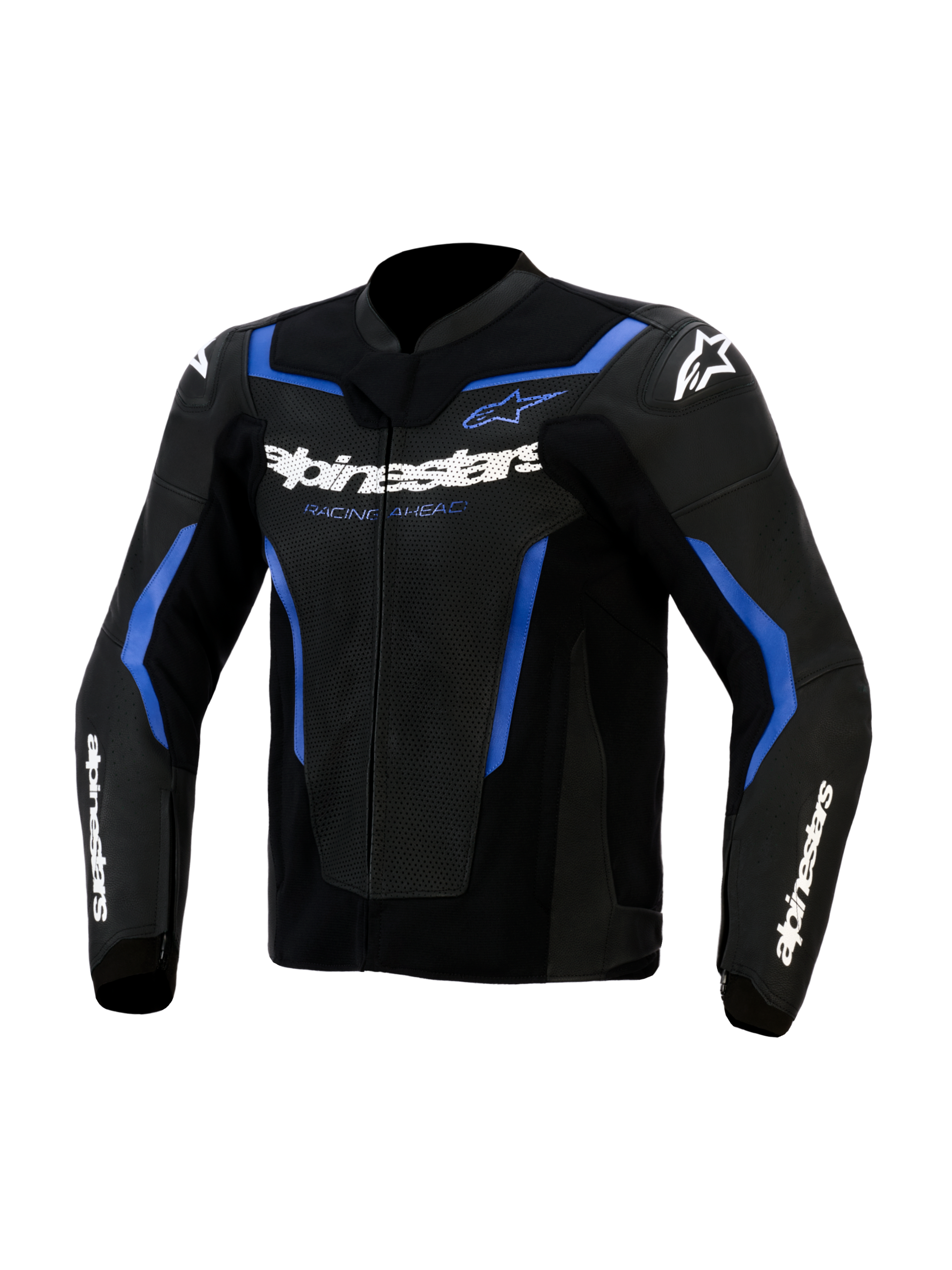 Alpinestars GP Force V2 Airflow Leather Jacket, Black and Metallic Blue, perforated leather panels on chest, white Alpinestars branding with 'Racing Ahead' text, sporty design with blue accents and white star logos on shoulders, professional motorcycle riding gear
