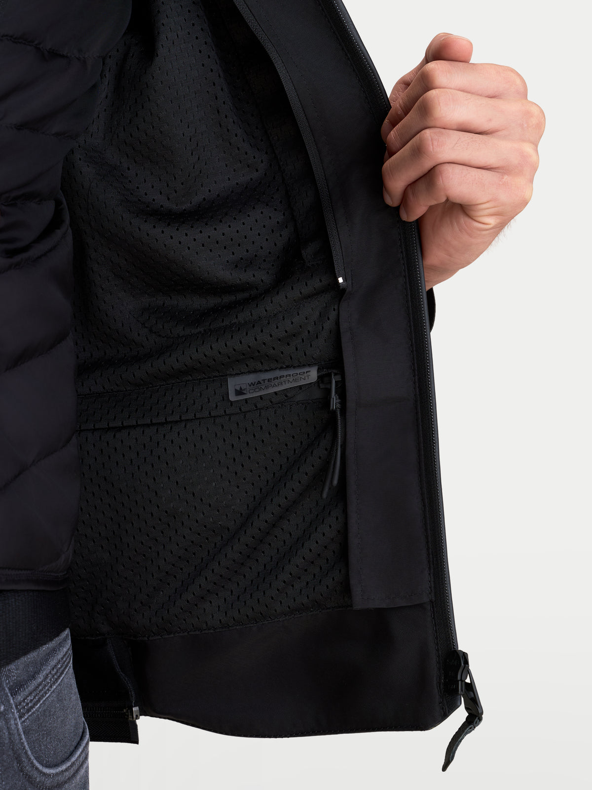 Alpinestars Caliber V2 Leather Jacket, Black, close-up of interior waterproof compartment pocket and mesh lining