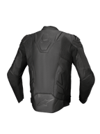 Alpinestars Dusk Leather Jacket, Black motorcycle racing jacket in premium leather with stretch accordion panels, back view.
