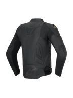 Alpinestars Dusk Leather Jacket, black men's sport road jacket, bovine leather, rear view with stretch accordion panels.