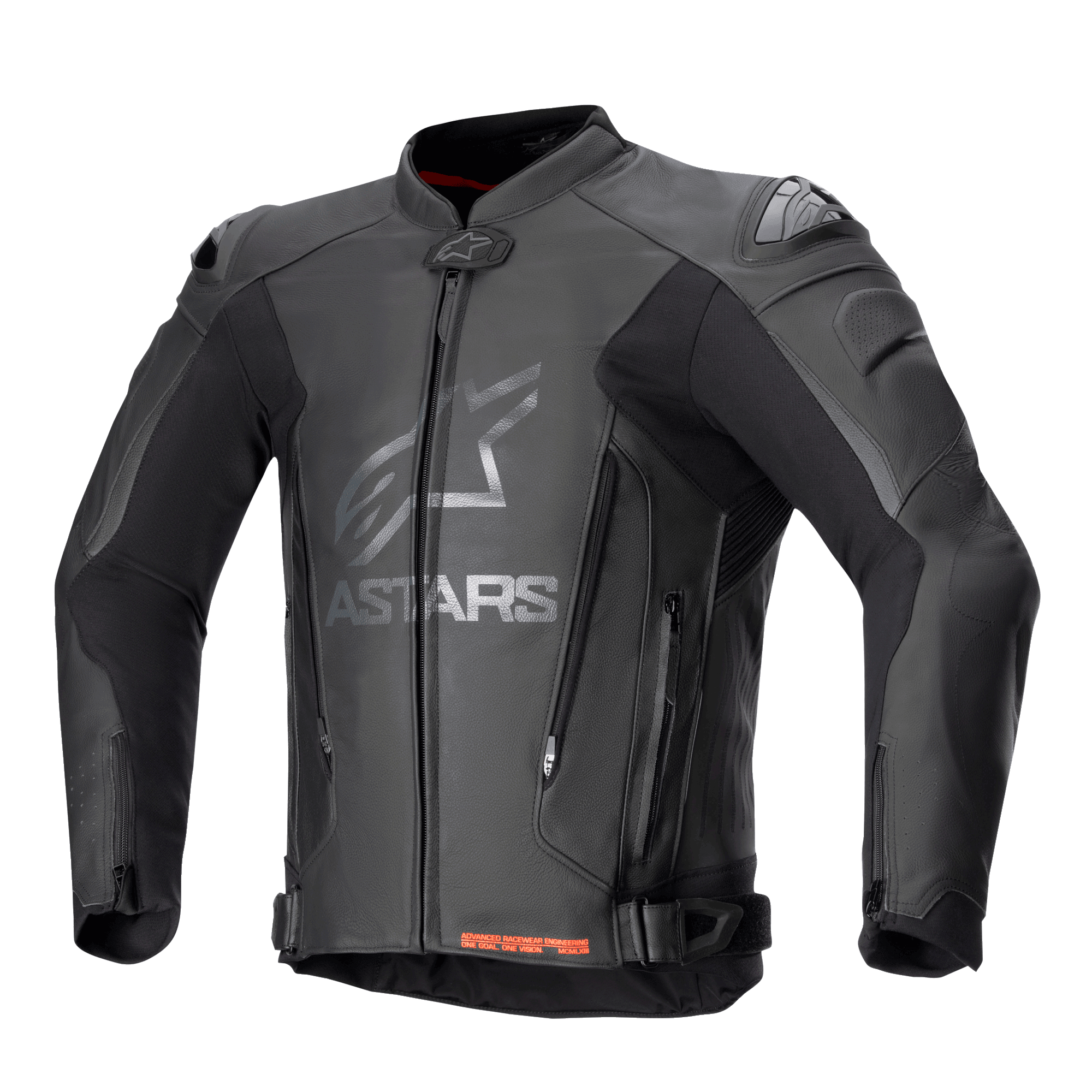 Alpinestars GP Plus V4 Leather Jacket, Black motorcycle racing jacket with silver ASTARS branding on the chest, front zipper, external DFS shoulder sliders, abdomen ventilation zippers, adjustable waist straps, red interior collar accents, premium leather and technical stretch construction