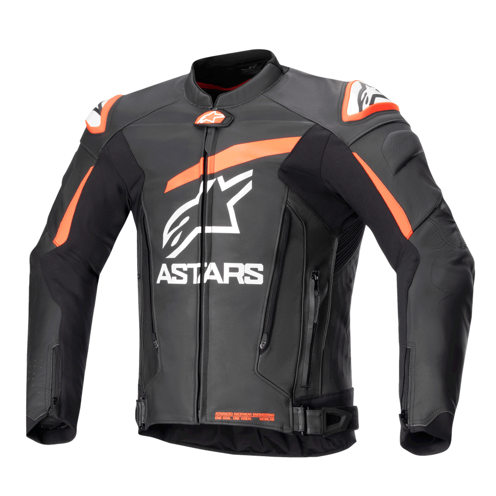 Alpinestars GP Plus V4 Leather Jacket, Motorcycle Racing Jacket, Black with Red Fluo and White accents, featuring large white ASTARS branding on the chest, external shoulder sliders, and a structured leather design for high-performance riding