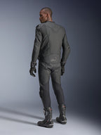 Male rider from behind wearing the Alpinestars Dusk Airflow Leather Jacket in Black Black, paired with matching leather pants, gloves, and boots, highlighting the extensive back perforations and performance sport fit.