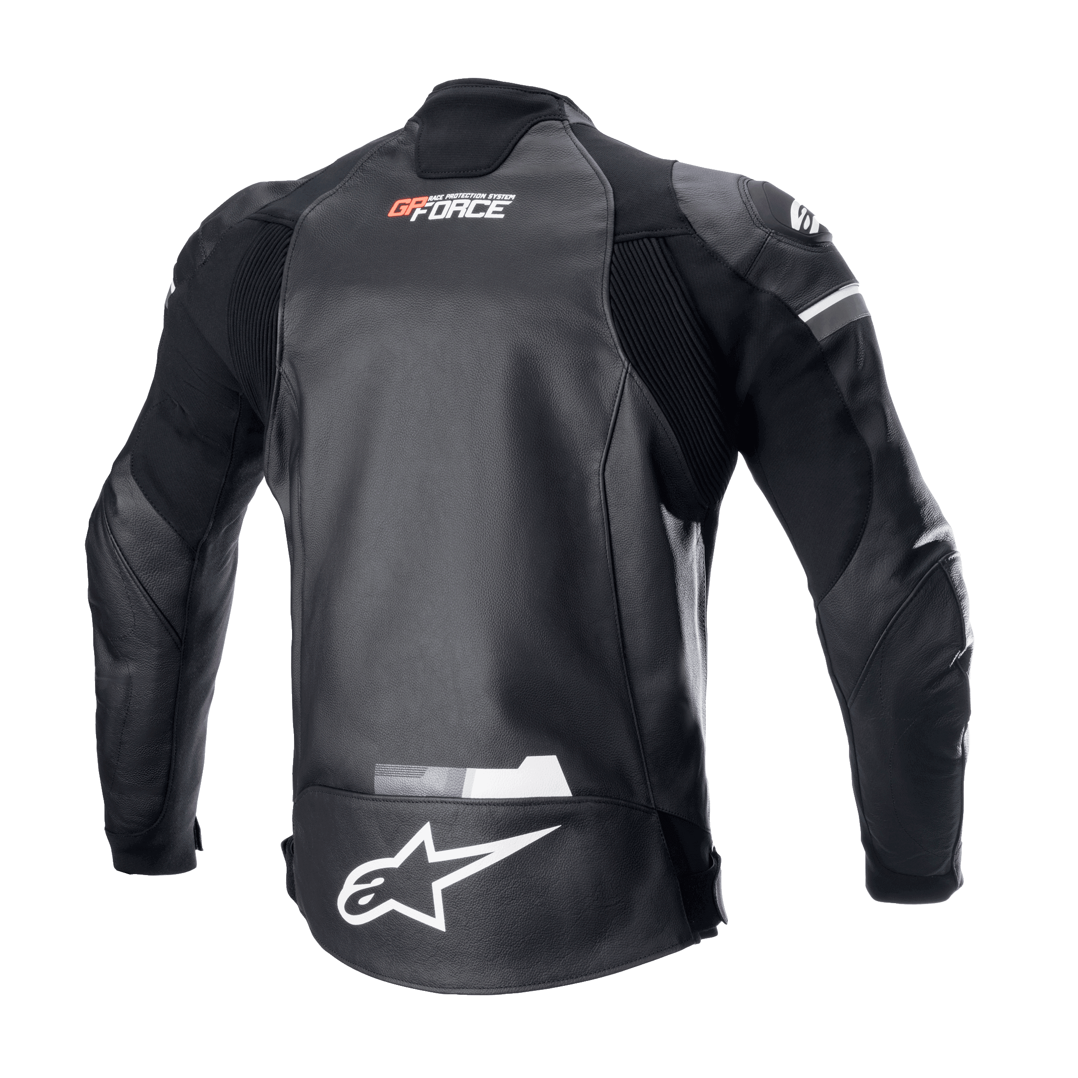 Alpinestars GP Force Leather Jacket, Black, Rear view featuring white Alpinestars logo on the lower back and GP Force branding on the upper back, accordion stretch panels and durable bovine leather construction for road racing