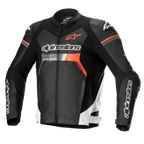 Alpinestars GP Force Leather Jacket, Motorcycle Racing Jacket, Black with White and Red Fluo accents, featuring prominent Alpinestars branding on the chest and sleeves, premium bovine leather construction with DFS Lite shoulder protectors, sleek aerodynamic silhouette