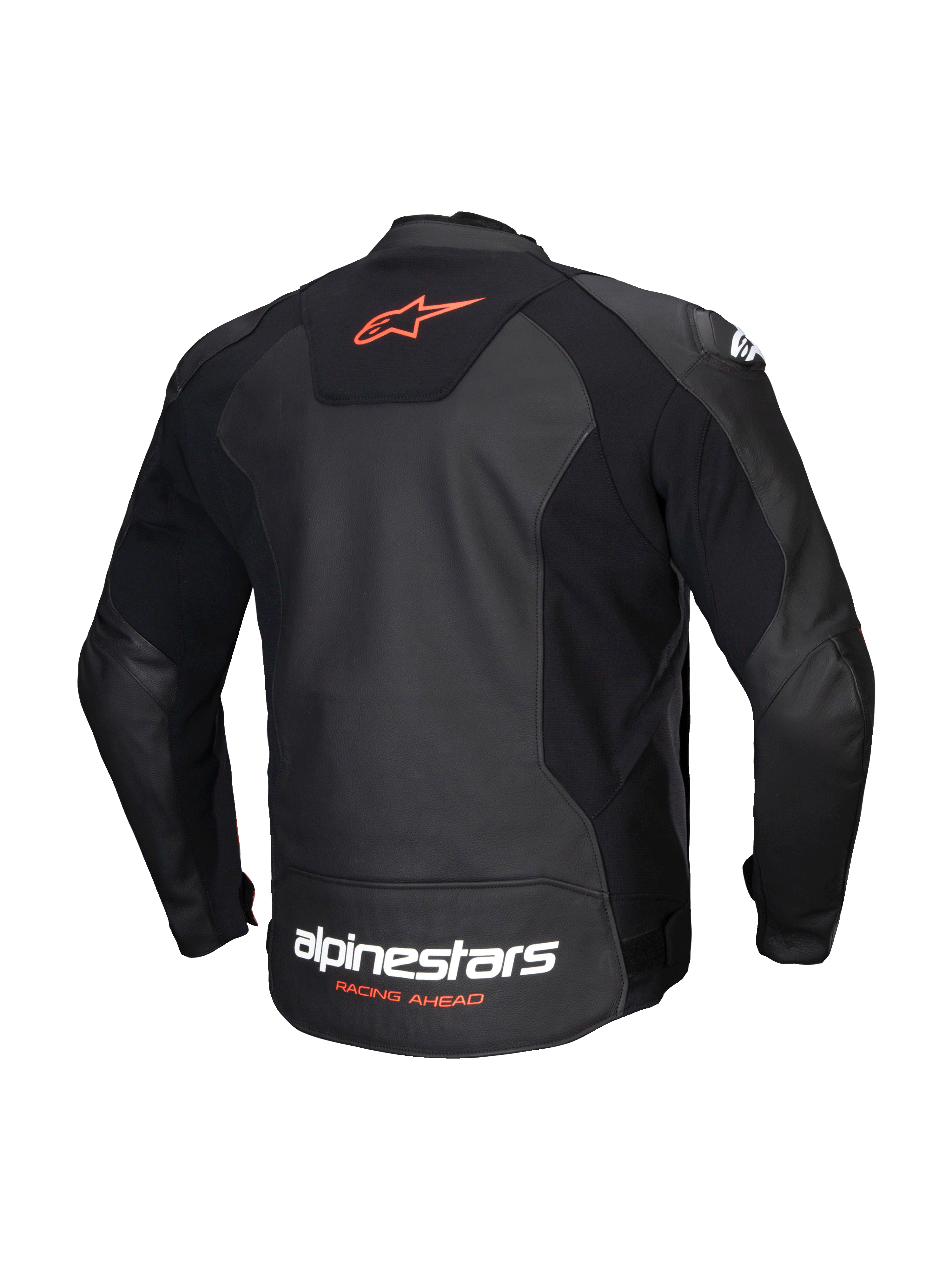Alpinestars Faster V3 Leather Jacket, men's sport motorcycle jacket, back view in Black and Red Fluo, featuring premium leather and HRSF stretch panels, CE-certified AA class with aerodynamic elongation