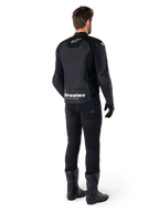 Alpinestars Faster V3 Leather Jacket, Rear View, Black and White, featuring 'alpinestars RACING AHEAD' branding on the lower back, worn with black riding pants and boots, sport-derived leather motorcycle jacket with stretch panels.