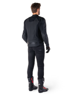 Alpinestars Faster V3 Airflow Leather Jacket, Black, Rear view of a man wearing a sport leather jacket with perforated back panels and Alpinestars branding, styled with black riding pants and black and red boots.