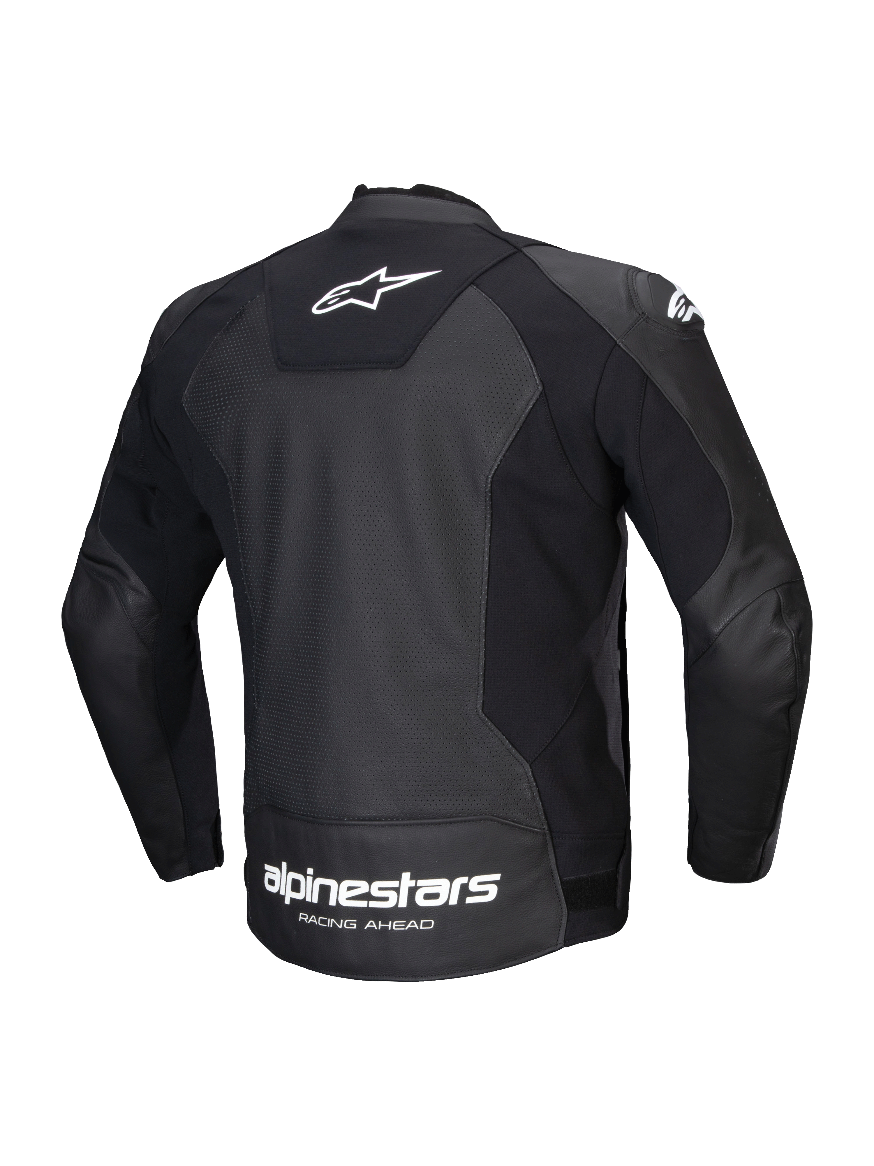 Alpinestars Faster V3 Airflow Leather Jacket, men's sport motorcycle leather jacket, back view, black and white, featuring CE certification, HRSF stretch panels, and perforated leather construction