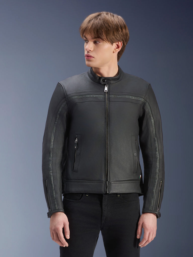 Alpinestars Dyno Leather Jacket, Black, premium bovine leather motorcycle jacket, worn by model with black pants, heritage-inspired design with central zipper and low-profile stand-up collar, urban contemporary motorcycle apparel.