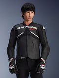 Alpinestars Atem V5 Leather Jacket, Motorcycle Racing Jacket, Black with White and Red Accents, premium leather construction with armored protection, worn with matching racing gloves