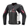 Alpinestars Women's Stella GP Plus V4 Leather Jacket, Motorcycle Racing Jacket, Black with White and Diva Pink accents, premium leather construction, featuring front and abdominal zippers, adjustable waist straps, and padded shoulders, feminine silhouette design