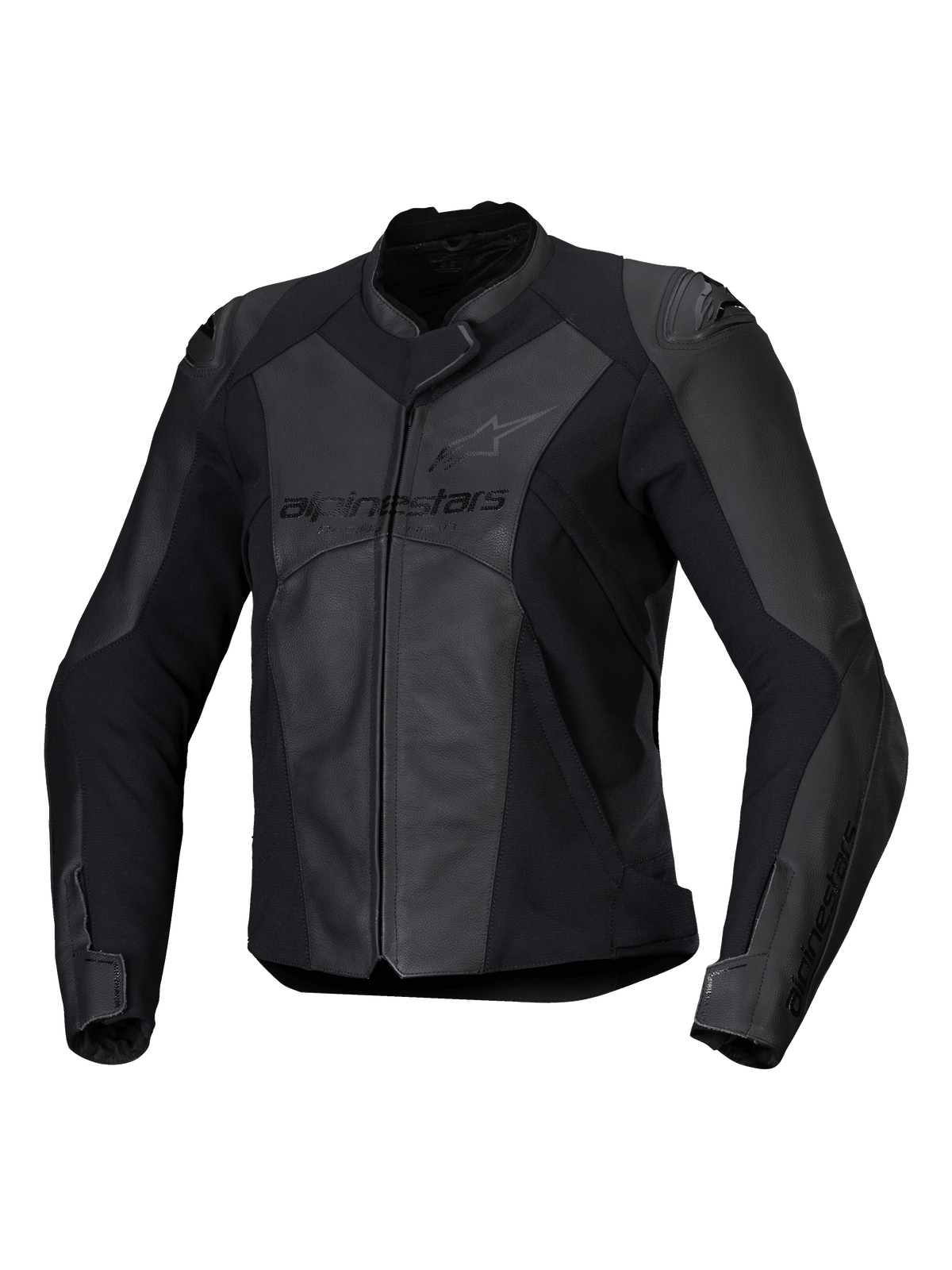Alpinestars Stella Faster V3 Leather Jacket, Women's Sport Motorcycle Jacket, Black and Dark Gray, premium leather and textile construction with HRSF stretch panels, CE certified protection, high collar and full front zipper, sleek race-derived fit