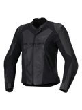 Alpinestars Stella Faster V3 Leather Jacket, Women's Sport Motorcycle Jacket, Black and Dark Gray, premium leather and textile construction with HRSF stretch panels, CE certified protection, high collar and full front zipper, sleek race-derived fit