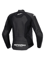 Alpinestars Stella Faster V3 Leather Jacket, Women's Sport Motorcycle Jacket, Black and White, rear view showing multi-panel leather and stretch fabric construction, white Alpinestars logo on the upper back and lower back branding, sleek athletic fit for performance riding