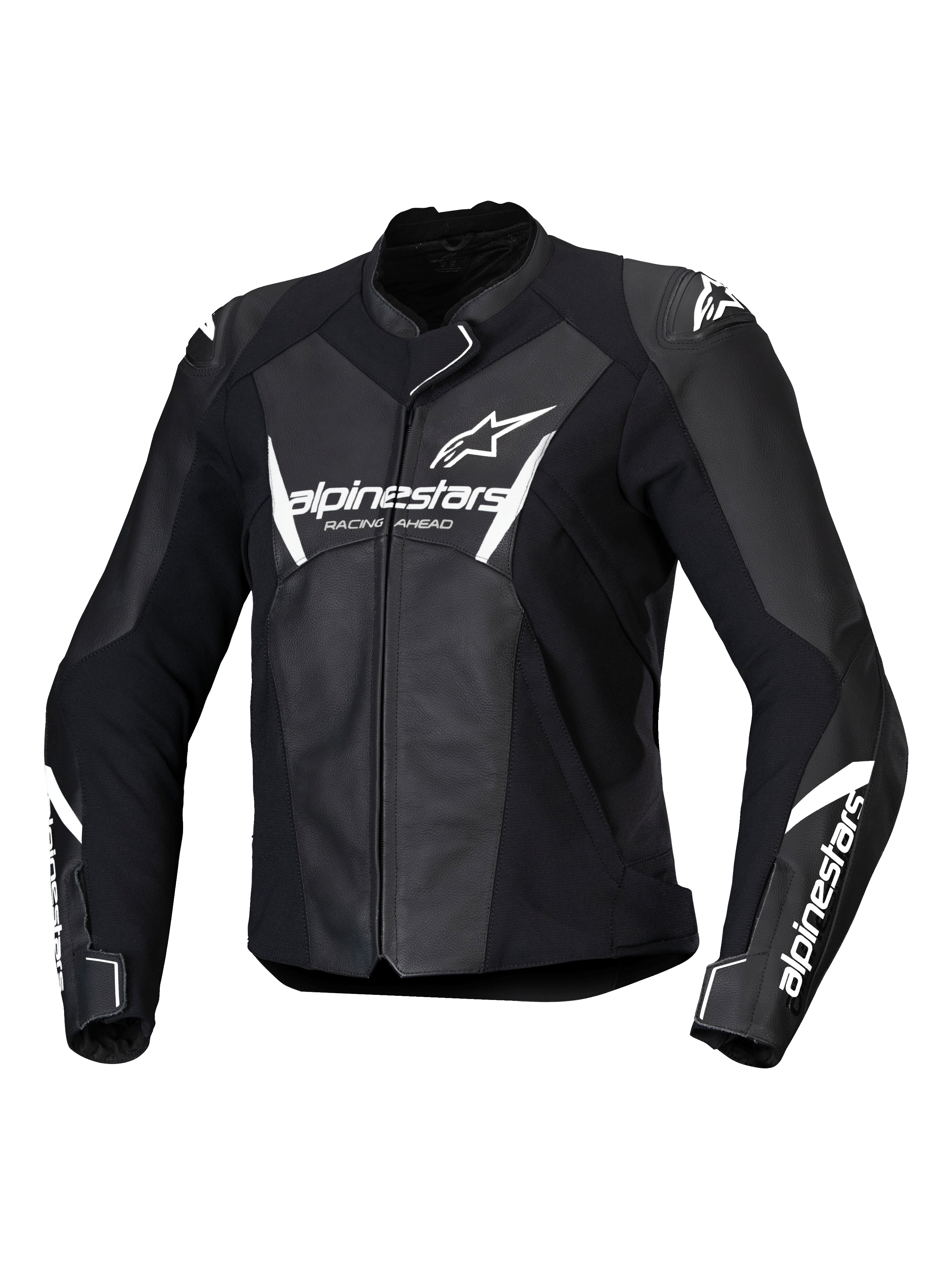Alpinestars Stella Faster V3 Leather Jacket, Women's Motorcycle Racing Jacket, Black and White, featuring white Alpinestars branding on the chest and sleeves, premium leather construction with reinforced shoulders, aerodynamic sport design