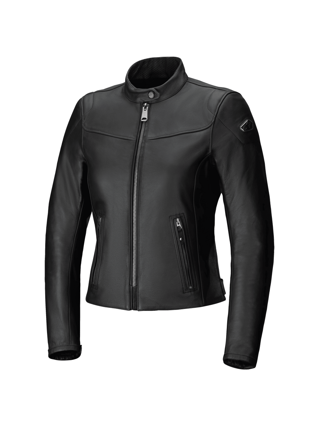 Alpinestars Tory Women Leather Jacket, Urban Motorcycle Jacket, Black, tailored fit with metallic gunmetal front zipper, vertical zippered side pockets, and perforated leather collar, sleek bovine leather finish
