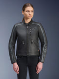 Alpinestars Stella Dyno Leather Jacket, Women's Motorcycle Jacket, Black and Tar Gray, premium bovine leather construction with gray stripe details on shoulders and sleeves, featuring front zip pockets and embroidered chest logo, sleek urban riding gear