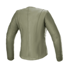 Alpinestars Women's Alice Leather Jacket, Military Green, Rear View, premium leather motorcycle jacket with sleek contoured vertical stitching and pre-curved sleeves for an urban female fit.