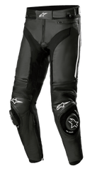 Alpinestars Missile V3 Leather Pants, black leather motorcycle racing pants featuring white star logos, reinforced knee sliders, accordion stretch panels above the knees, and ventilation ports, premium 1.3mm bovine leather construction for track and road performance.