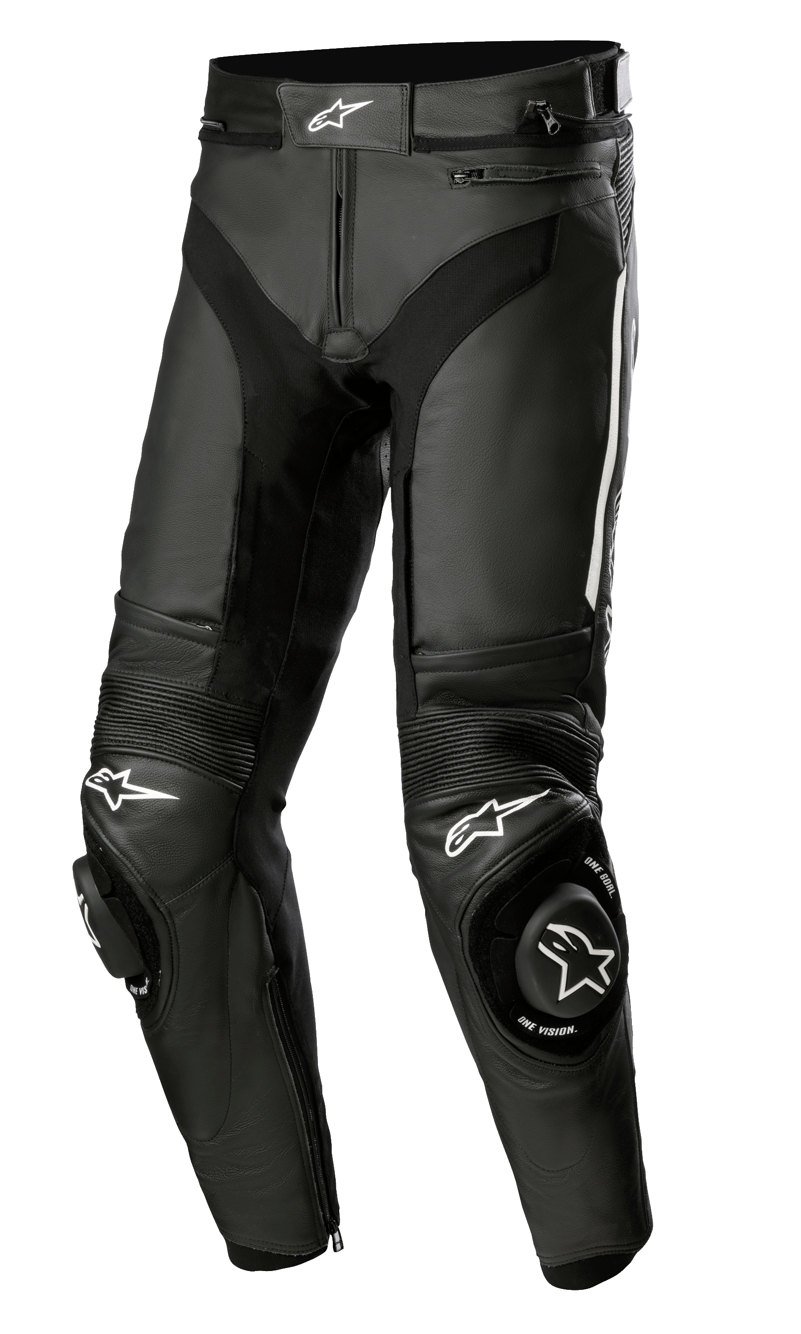 Alpinestars Missile V3 Leather Pants, black leather motorcycle racing pants featuring white star logos, reinforced knee sliders, accordion stretch panels above the knees, and ventilation ports, premium 1.3mm bovine leather construction for track and road performance.