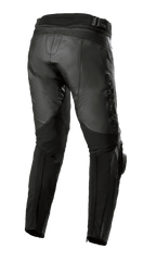 Alpinestars Missile V3 Leather Pants - Short, Black, rear view showing high rear waist construction, accordion leather stretch zones above the knee, and stretch panels on the calf for enhanced mobility, premium bovine leather motorcycle gear for road racing.
