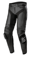 Alpinestars Missile V3 Leather Pants - Short, Black Motorcycle Racing Pants, premium leather construction with accordion stretch panels, reinforced knees with white logo sliders, zippered waist and ankles, sleek ergonomic design for sport riding