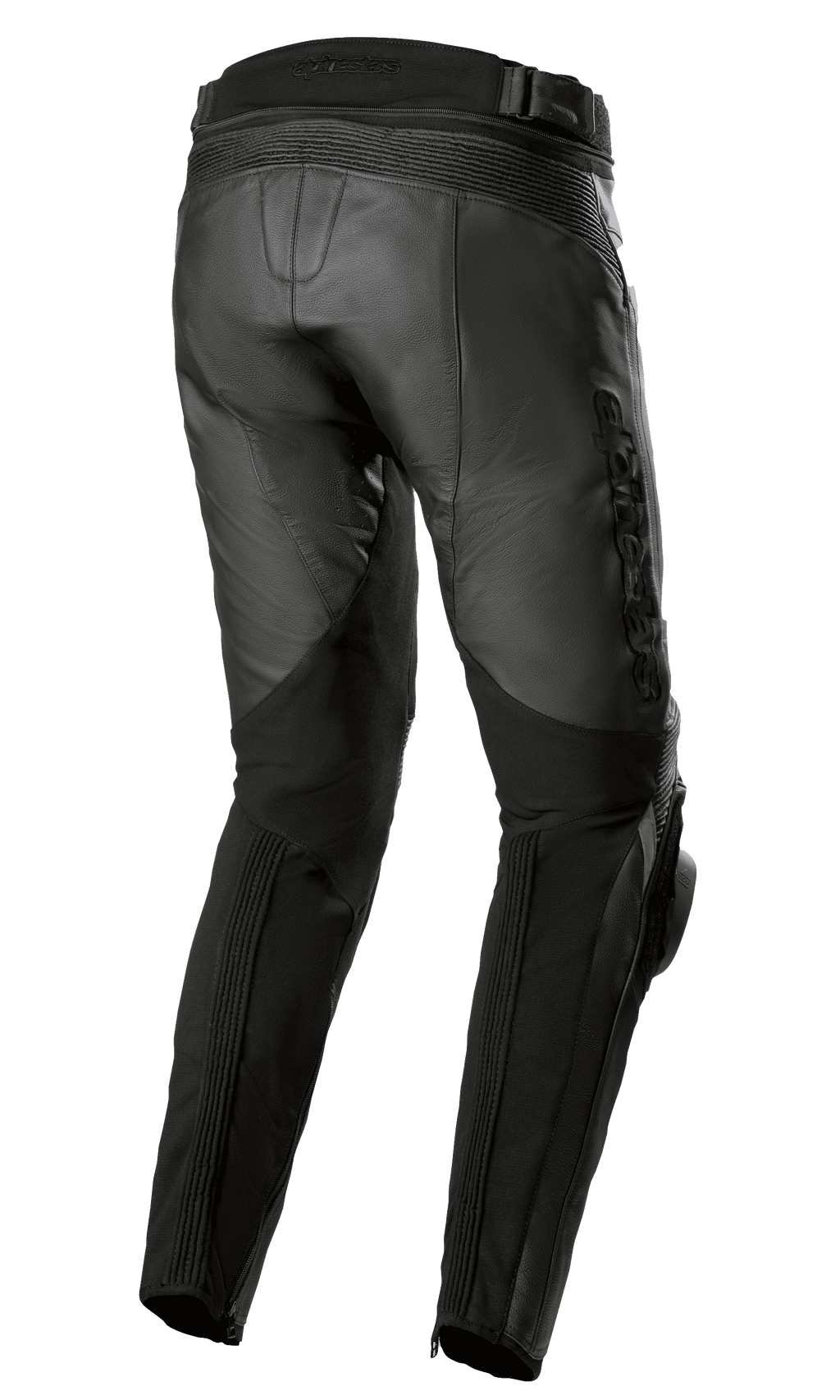 Alpinestars Missile V3 Leather Pants - Long, Black, rear and side view, featuring premium bovine leather construction with accordion stretch panels above the knee, high rear waist, and embossed Alpinestars logo on the thigh, sport and racing motorcycle gear.