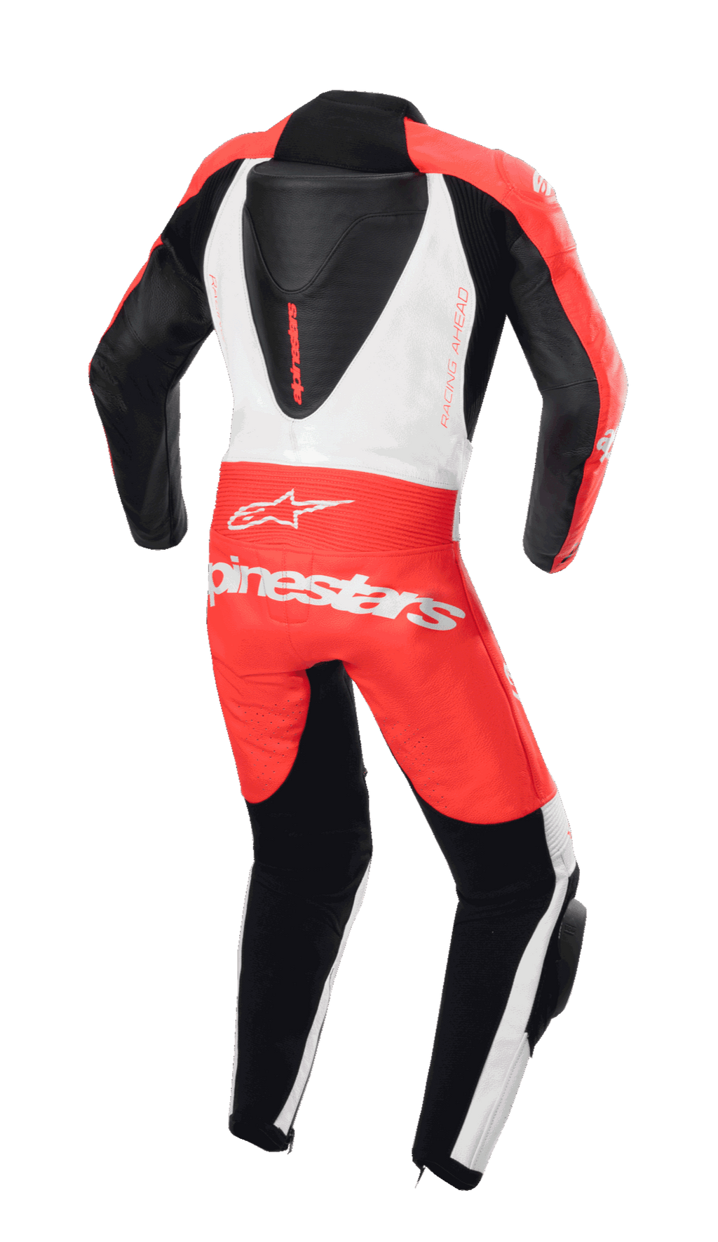 Alpinestars Youth GP Plus V2 1-Piece Leather Suit, Rear View, Red Fluo White and Black, featuring aerodynamic back hump and Alpinestars branding, professional racing design for youth riders