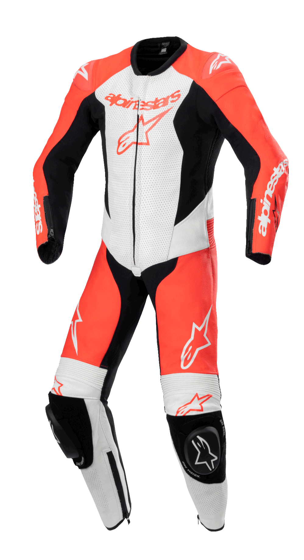 Alpinestars Youth GP Plus V2 1-Piece Leather Suit, Motorcycle Racing Suit, Red Fluo White and Black, featuring perforated ventilation panels, black knee sliders with Astar logo, and aerodynamic racing fit for young riders