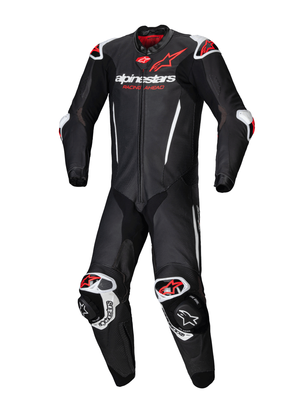 Alpinestars GP-R7 Leather Suit - 1 Piece, men's black and red fluo racing gear, 1.3mm bovine leather, Tech-Air ready.